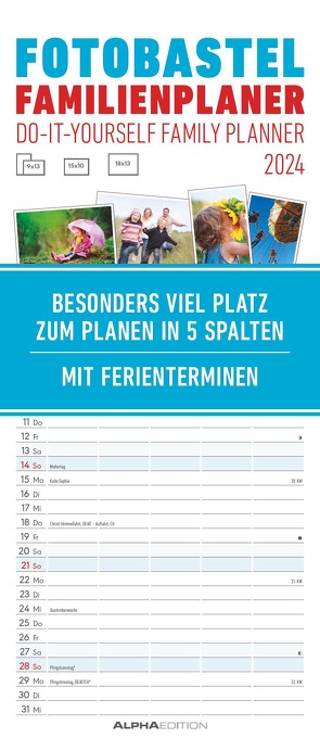 Foto-Bastel-Familienplaner 2024 – Bastelkalender zum Aufhängen – 19,5×45 cm – datiert – mit 5 Spalten – Fotokalender – Familienkalender – Wandkalender