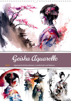 Geisha Aquarelle – Japanische Kulturdamen, Landschaft und Sakura (Wandkalender 2024 DIN A3 hoch), CALVENDO Monatskalender von Frost,  Anja