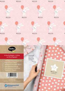 Geschenkpapier-Set für Kinder: Hase mit rosa Ballon (zur Geburt / Taufe – für Baby-Mädchen)