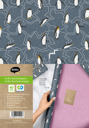 Geschenkpapier Set Weihnachten: Pinguine (lila, dunkelgrau) für Kinder