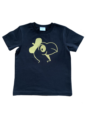 Globi T-Shirt Jubiläum schwarz mit goldenem Kopf, 98/104