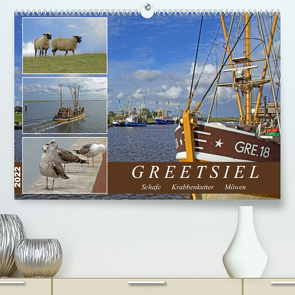 GREETSIEL – Schafe – Krabbenkutter – Möwen (Premium, hochwertiger DIN A2 Wandkalender 2022, Kunstdruck in Hochglanz) von Braunleder,  Gisela