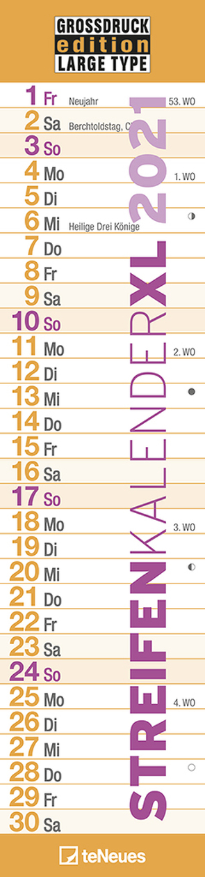 GROSSDRUCK Streifenkalender XL 2021 – Streifenplaner – Wandplaner – Küchen-Kalender – 15×64