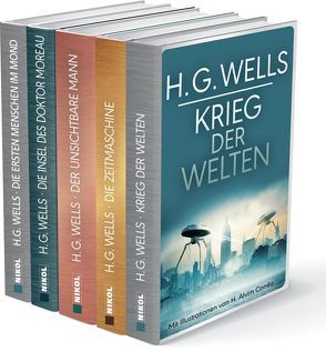 H.G.Wells (fünf Romane) – Krieg der Welten – Die Zeitmaschine – Die Insel des Dr. Moreau – Der unsichtbare Mann – Die ersten Menschen im Mond von Konrad,  Ailin, Wells,  H.G.