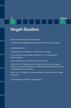 Hegel-Studien Band 52 von Bouton,  Christophe, Kallio,  Lauri, Menke,  Christoph, Nakamura,  Emmanuel, Plevrakis,  Ermylos, Quante,  Michael, Sandkaulen,  Birgit, Schick,  Stefan