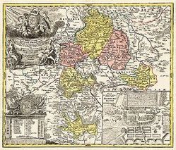 Historische Karte: Fürstentums Hildburghausen mit den Ämtern Eisfeld, Hildburghausen, Schalkau, Sonnenfeld, Heldburg, Königsberg, Amt Römhild und Amt Sesslach – 1729 (Plano) von Homann,  Johann B