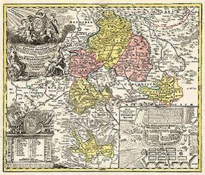 Historische Karte: Fürstentums Hildburghausen mit den Ämtern Eisfeld, Hildburghausen, Schalkau, Sonnenfeld, Heldburg, Königsberg, Amt Römhild und Amt Sesslach – 1729 (Plano) von Homann,  Johann B