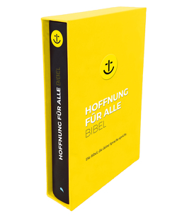 Hoffnung für alle. Die Bibel – „Black Hope Geschenkbibel“ – Großformat mit Loch-Stanzung im gelben Schuber von `fontis – Brunnen Basel, Biblica,  Inc.