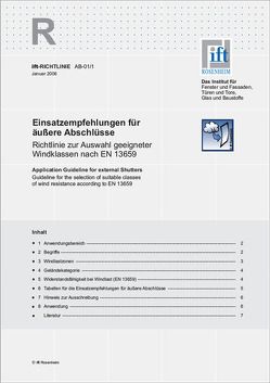 ift-Richtlinie AB-01/1 – Einsatzempfehlungen für äußere Abschlüsse. Richtlinie zur Auswahl geeigneter Windklassen nach EN 13659.