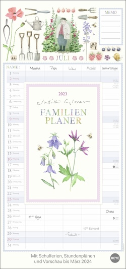 Judith Glover Familienplaner 2023. Familienkalender mit 5 Spalten. Liebevoll illustrierter Familien-Wandkalender mit Schulferien. Großer Wandplaner 2023. von Glover,  Judith, Heye