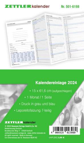 Kalender-Ersatzeinlage 2024 Taschenplaner Leporello 1M/1S