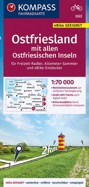 KOMPASS Fahrradkarte 3322 Ostfriesland mit allen Ostfriesischen Inseln 1:70.000 von KOMPASS-Karten GmbH
