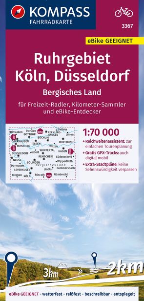 KOMPASS Fahrradkarte 3367 Ruhrgebiet, Köln, Düsseldorf, Bergisches Land 1:70.000