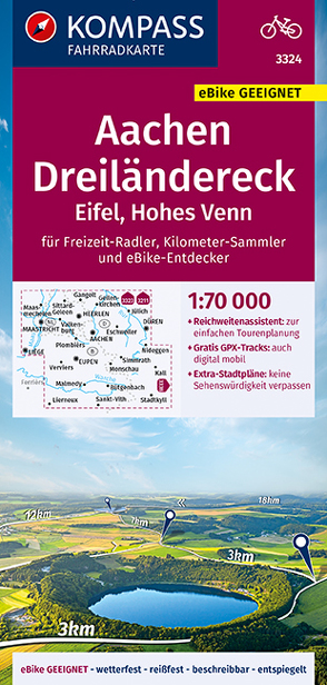 KOMPASS Fahrradkarte 3324 Aachen, Dreiländereck, Eifel, Hohes Venn 1:70.000 von KOMPASS-Karten GmbH