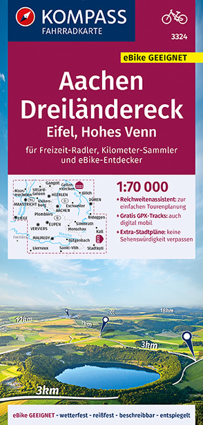 KOMPASS Fahrradkarte Aachen, Dreiländereck, Eifel, Hohes Venn 1:70.000, FK 3324 von KOMPASS-Karten GmbH