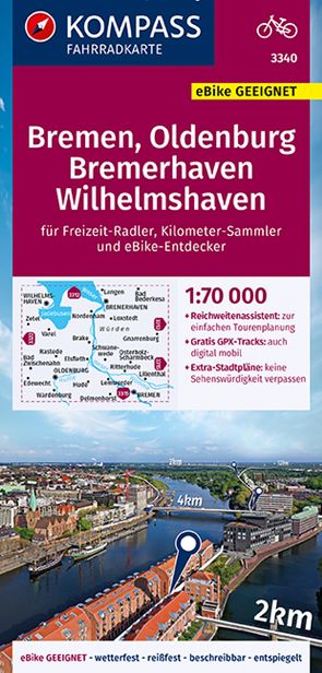 KOMPASS Fahrradkarte 3340 Bremen, Oldenburg, Bremerhaven, Wilhelmshaven 1:70.000 von KOMPASS-Karten GmbH