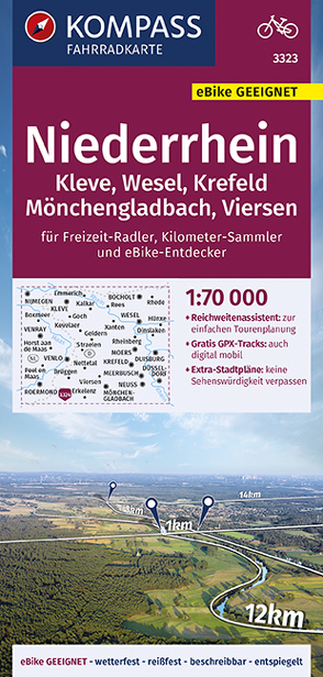 KOMPASS Fahrradkarte Niederrhein, Kleve, Wesel, Krefeld, Mönchengladbach, Viersen 1:70.000, FK 3323 von KOMPASS-Karten GmbH