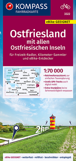 KOMPASS Fahrradkarte Ostfriesland mit allen Ostfriesischen Inseln 1:70.000, FK 3322 von KOMPASS-Karten GmbH
