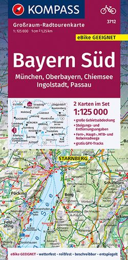 KOMPASS Großraum-Radtourenkarte 3712 Bayern Süd, Oberbayern, Chiemsee, Ingolstadt, Passau, München 1:125.000