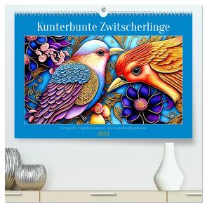 Kunterbunte Zwitscherlinge (hochwertiger Premium Wandkalender 2024 DIN A2 quer), Kunstdruck in Hochglanz von glandarius,  Garrulus