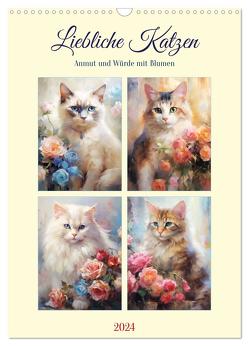 Liebliche Katzen. Anmut und Würde mit Blumen (Wandkalender 2024 DIN A3 hoch), CALVENDO Monatskalender von Hurley,  Rose