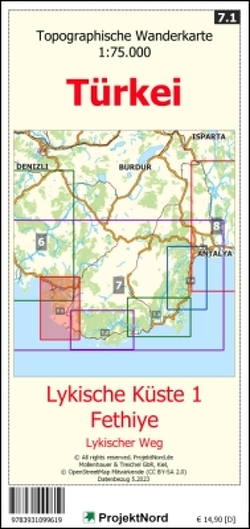 Lykische Küste 1 – Fethiye – Lykischer Weg – Topographische Wanderkarte 1:75.000 Türkei (Blatt 7.1) von Mollenhauer,  Jens Uwe