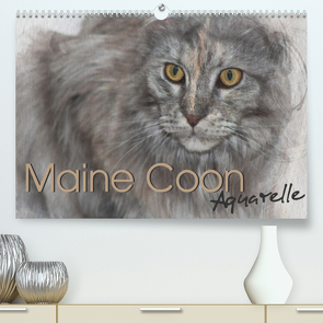 Maine Coon Aquarelle (Premium, hochwertiger DIN A2 Wandkalender 2023, Kunstdruck in Hochglanz) von Hahn,  Jasmin