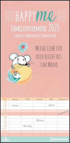 moses Happy Me 2023 Familienplaner – Familien-Timer – Termin-Planer – Kinder-Kalender – Familien-Kalender – 22×45