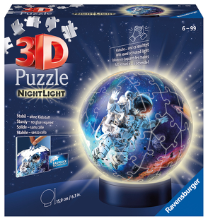 Ravensburger 3D Puzzle 11264 – Nachtlicht Puzzle-Ball Astronauten im Weltall – 72 Teile – ab 6 Jahren, LED Nachttischlampe mit Klatsch-Mechanismus