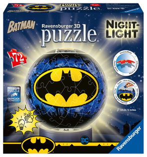 Ravensburger 3D Puzzle 11080 – Nachtlicht Puzzle-Ball Batman – 72 Teile – ab 6 Jahren, LED Nachttischlampe mit Klatsch-Mechanismus