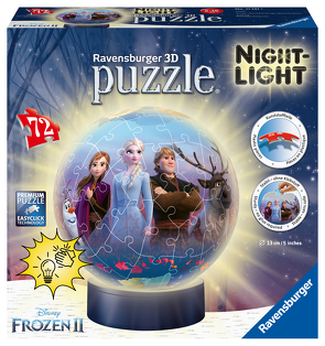 Ravensburger 3D Puzzle 11141 – Nachtlicht Puzzle-Ball Disney Frozen 2 – 72 Teile – ab 6 Jahren, LED Nachttischlampe mit Klatsch-Mechanismus