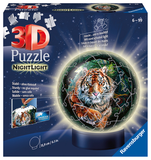 Ravensburger 3D Puzzle 11248 – Nachtlicht Puzzle-Ball Raubkatzen – 72 Teile – ab 6 Jahren, LED Nachttischlampe mit Klatsch-Mechanismus