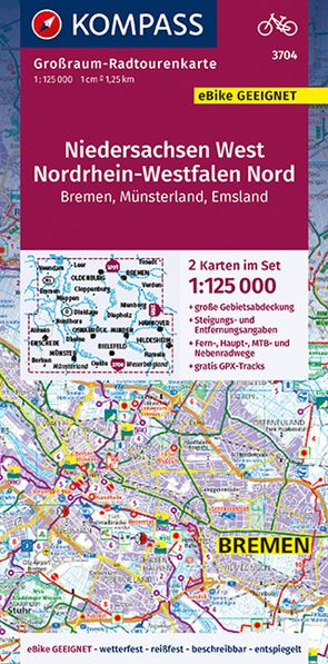 KOMPASS Großraum-Radtourenkarte 3704 Niedersachsen West, Nordrhein-Westfalen Nord 1:125.000 von KOMPASS-Karten GmbH