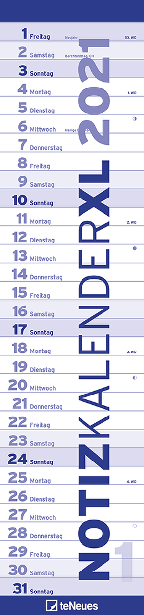 Notizkalender XL BLAU 2021 – Streifenplaner – Wandplaner – Küchen-Kalender – 15×64