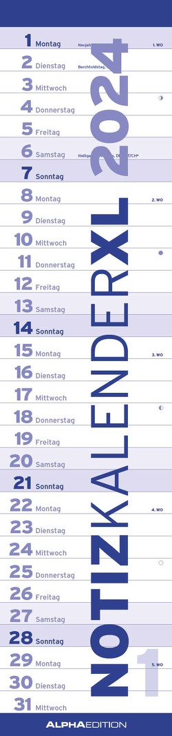 Notizkalender XL BLAU 2024 – Streifenkalender 15×64 cm – Wandplaner – Küchenkalender – schmales Design – eine Spalte – Langplaner