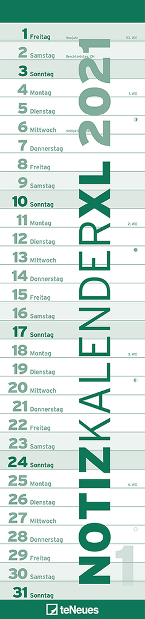 Notizkalender XL GRÜN 2021 – Streifenplaner – Wandplaner – Küchen-Kalender – 15×64