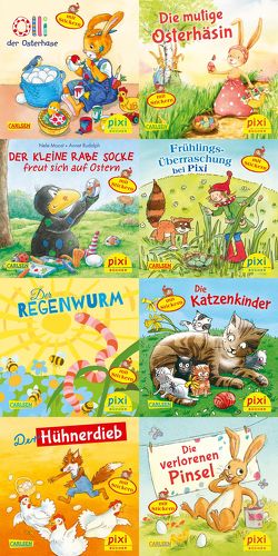 Pixi-Box 235: Ostern und Frühling mit Pixi – mit Stickern (8×8 Exemplare) von Frisque,  Anne-Marie, Gerhaher,  Eleonore, Ionescu,  Cathy, Koch,  Birger, Nettingsmeier,  Simone, Paulsen,  Rüdiger, Quent,  Klaus Jochen, Spanjardt,  Eva, Straub,  Sabine, Taube,  Anna, Tust,  Dorothea, Volk,  Katharina E., von der Decken,  Sabine