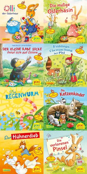 Pixi-Box 235: Ostern und Frühling mit Pixi – mit Stickern (8×8 Exemplare) von Frisque,  Anne-Marie, Gerhaher,  Eleonore, Ionescu,  Cathy, Koch,  Birger, Nettingsmeier,  Simone, Paulsen,  Rüdiger, Quent,  Klaus Jochen, Spanjardt,  Eva, Straub,  Sabine, Taube,  Anna, Tust,  Dorothea, Volk,  Katharina E., von der Decken,  Sabine