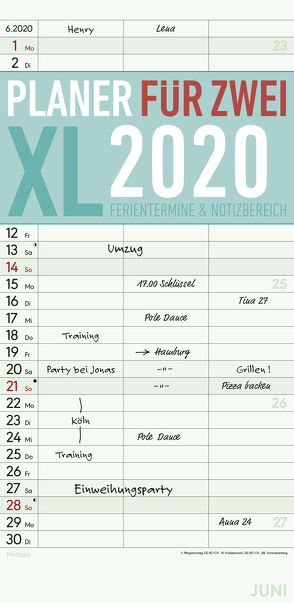 Planer für 2 XL 2020 mit 3 Spalten – Offset-Papier – Familienkalender – Familientimer (22 x 45) – mit Ferienterminen – 3 Spalten – Wandplaner von ALPHA EDITION