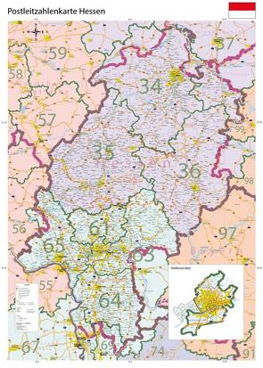 Postleitzahlenkarte Hessen XL mit Laminierung (beschreib- und abwischbar)