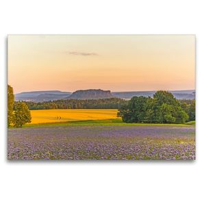 Premium Textil-Leinwand 120 x 80 cm Quer-Format Abendlicher Blick zum Lilienstein | Wandbild, HD-Bild auf Keilrahmen, Fertigbild auf hochwertigem Vlies, Leinwanddruck von NJ