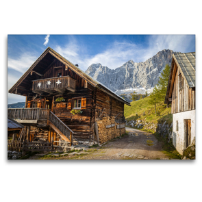 Premium Textil-Leinwand 120 x 80 cm Quer-Format Alte Hütte auf der Neustattalm (1.530 m) vor der Dachstein-Südwand | Wandbild, HD-Bild auf Keilrahmen, Fertigbild auf hochwertigem Vlies, Leinwanddruck von Christian Müringer