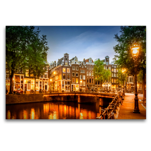 Premium Textil-Leinwand 120 x 80 cm Quer-Format AMSTERDAM Abendidylle an der Singel | Wandbild, HD-Bild auf Keilrahmen, Fertigbild auf hochwertigem Vlies, Leinwanddruck von Melanie Viola