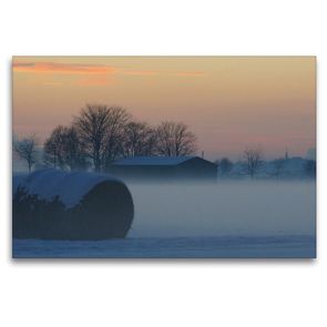 Premium Textil-Leinwand 120 x 80 cm Quer-Format Bauernhof im Abendnebel | Wandbild, HD-Bild auf Keilrahmen, Fertigbild auf hochwertigem Vlies, Leinwanddruck von kattobello