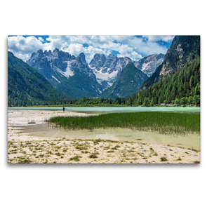 Premium Textil-Leinwand 120 x 80 cm Quer-Format Blick zum Dürrensee und zur Cristallogruppe in den Dolomiten | Wandbild, HD-Bild auf Keilrahmen, Fertigbild auf hochwertigem Vlies, Leinwanddruck von Sascha Ferrari