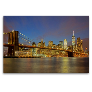 Premium Textil-Leinwand 120 x 80 cm Quer-Format Brooklyn Bridge mit Skyline bei Nacht | Wandbild, HD-Bild auf Keilrahmen, Fertigbild auf hochwertigem Vlies, Leinwanddruck von Franz Tangermann