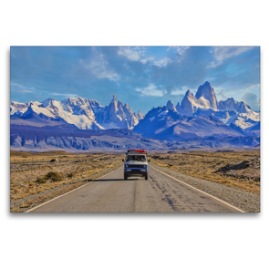 Premium Textil-Leinwand 120 x 80 cm Quer-Format Cerro Torre & Fitz Roy, Patagonien, Argentinien – Campervan Vanlife | Wandbild, HD-Bild auf Keilrahmen, Fertigbild auf hochwertigem Vlies, Leinwanddruck von © viaje.ch