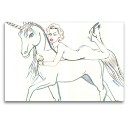 Premium Textil-Leinwand 120 x 80 cm Quer-Format das Marylin unicorn, Marylin Monroe mit Einhorn | Wandbild, HD-Bild auf Keilrahmen, Fertigbild auf hochwertigem Vlies, Leinwanddruck von Sara Horwath