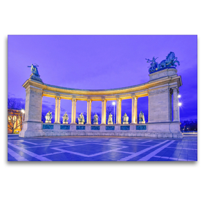 Premium Textil-Leinwand 120 x 80 cm Quer-Format Das Millenniumsdenkmal am Heldenplatz zur blauen Stunde, Hősök tere, 1929 | Wandbild, HD-Bild auf Keilrahmen, Fertigbild auf hochwertigem Vlies, Leinwanddruck von Bettina Hackstein