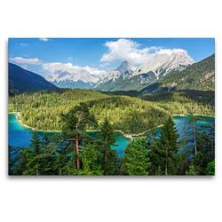 Premium Textil-Leinwand 120 x 80 cm Quer-Format Der Blindsee mit Blick auf Zugspitze und Sonnenspitze | Wandbild, HD-Bild auf Keilrahmen, Fertigbild auf hochwertigem Vlies, Leinwanddruck von Sascha Ferrari